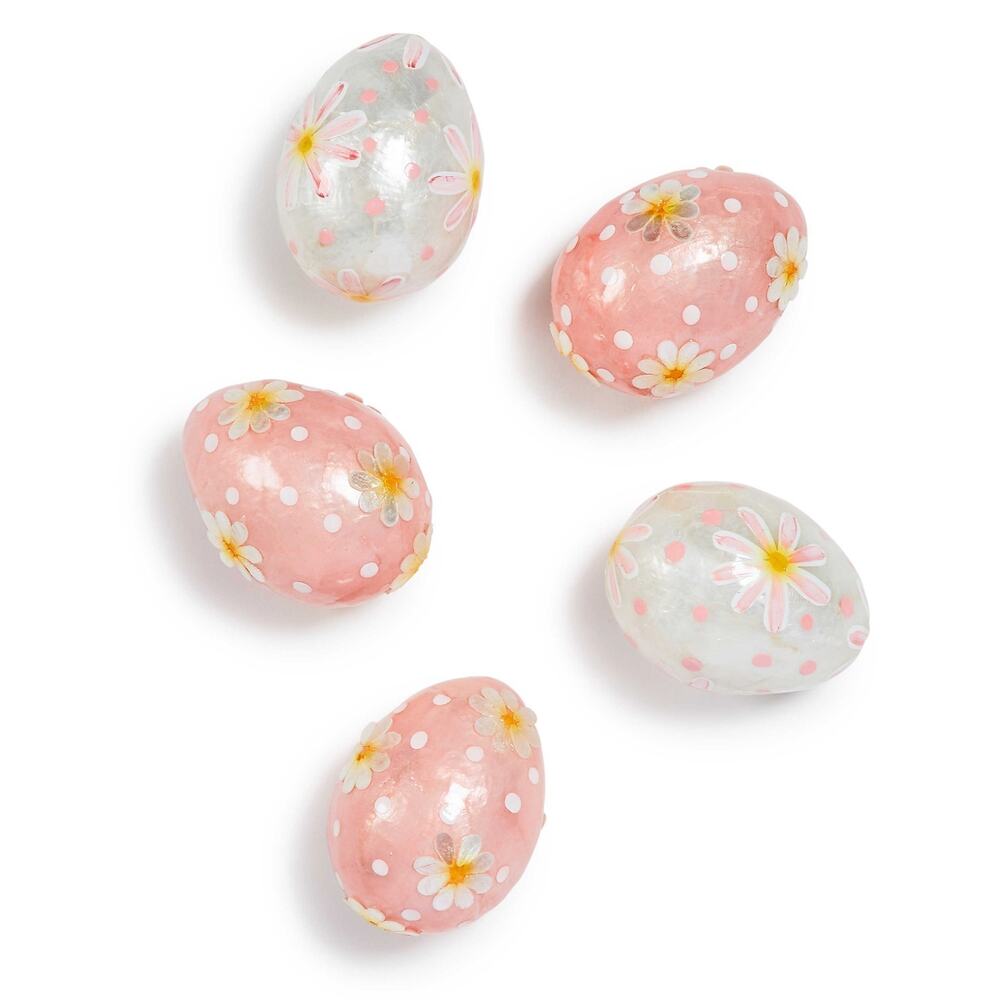 MACKENZIE-CHILDS Rosy Meadow Floral Eggs Set of 5 Pink & White NEW